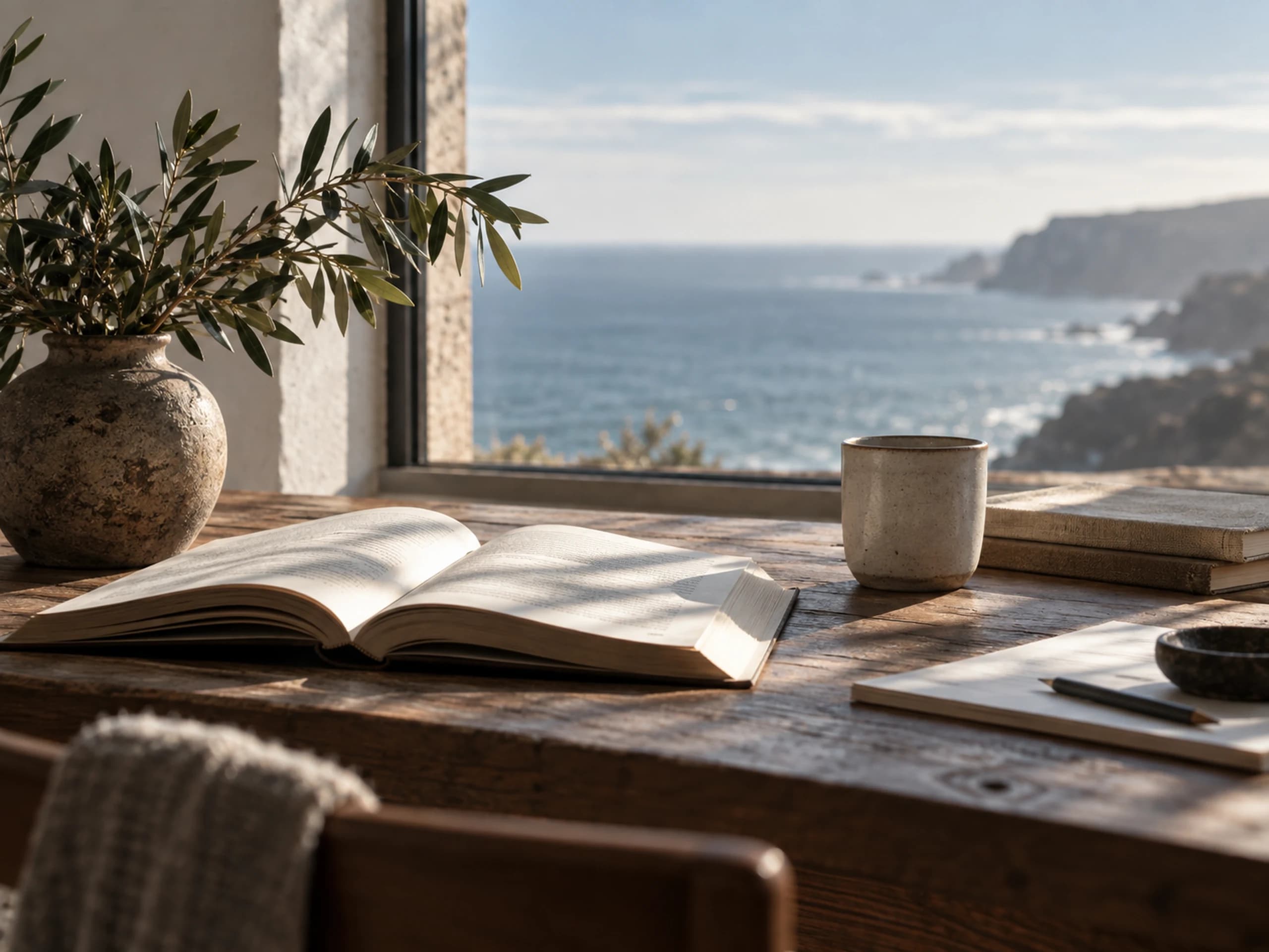 Livros e caderno numa mesa junto ao Atlântico